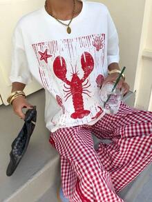 Muchic Conjunto casual de 2 piezas para mujer: Top de cuello redondo con estampado de langosta y pantalones anchos a cuadros - Rojo y blanco - Ver 3