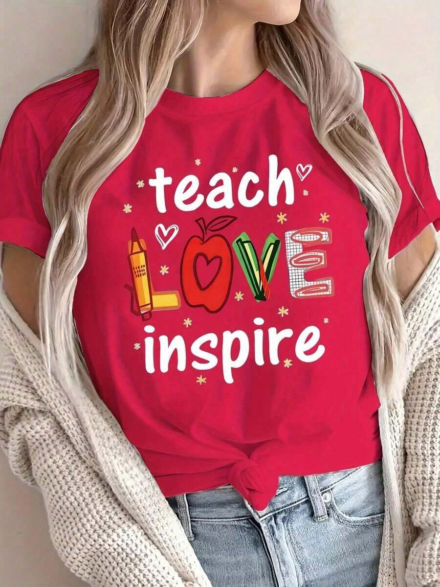 Camiseta con Estampado de Letras, Manga Corta, Cuello Redondo, Estilo Casual para Verano y Primavera, Ropa de Mujer, Camiseta Casual de Manga Corta con Estampado Gráfico para Mujer, Regalo para el Día de la Madre o Pascua - Rojo - Ver 1