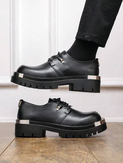 Men's Leather Shoes, British-Style Brogue Derby Shoes, Thick Sole Lace-Up Metal Decor Casual Leather Shoes, Suitable For Suits, Jeans, Business Formal, Wedding