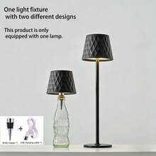 Lampe de table haute élégante à motif de diamant chaleureux LED, lampe de table rechargeable USB, avec base pointue à double usage, tête de lampe encastrable, texture métallique, ambiance de maison mode minimaliste, sensation de lumière confortable, luminosité réglable, convient pour la chambre, le salon, la table à manger, l'ambiance lumineuse du restaurant - Lampe de table haute + bouchon de bouteille - Voir 14