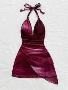 Vestido Mini Sexy Romántico de Vacaciones para Mujer Vintage con Degradado, Cuello Halter en V, Lazos, Malla, Volantes y Bajo Asimétrico, Ropa Bohemia, Vestido Ajustado - Multicolor 2 - Ver 11