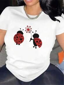 Women's Plus Size Pure Cotton Short Sleeve Summer T-Shirt With Round Neck, Breathable And Printed, Black And White With Ladybug Design, For Home Use, Durable And Comfortable Fabric, Ideal For Restaurants And Living Rooms, Elegant And Lightweight Blouse For Casual Women's Use, Suitable For All Seasons, Simple, For Christmas Gifts, Daily Use, Very Suitable For Cool Summer Outings For Women. - 黑色 - 查看 1