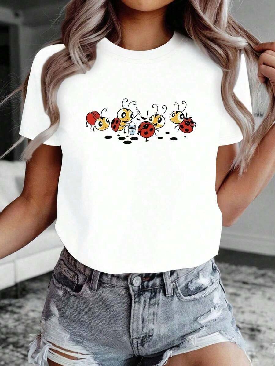 ComfortableCamiseta de mujerestampadodemariquitadedibujosanimadosypequeñopintor,camisetademangacortadecuelloredondoparaprimavera-verano,camisetadealgodónpuro,,,nuevacamisetadeveranoholgadayv