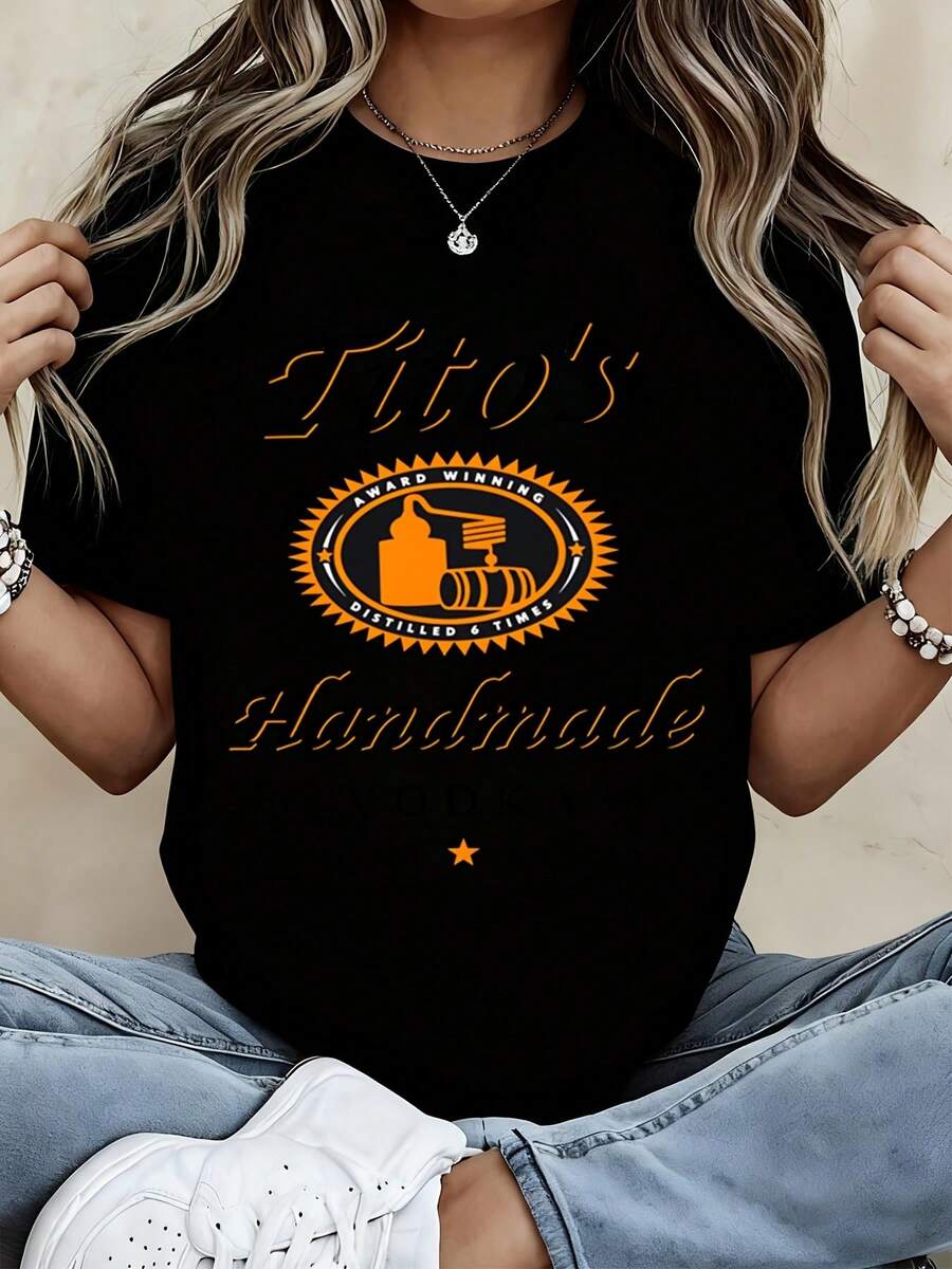 Titos Handmade Vodka Austin Texas Shirt Women Casual T-Shirt Graphic Tee Unisex Top Fashion Apparel - 黑色 - 查看 1