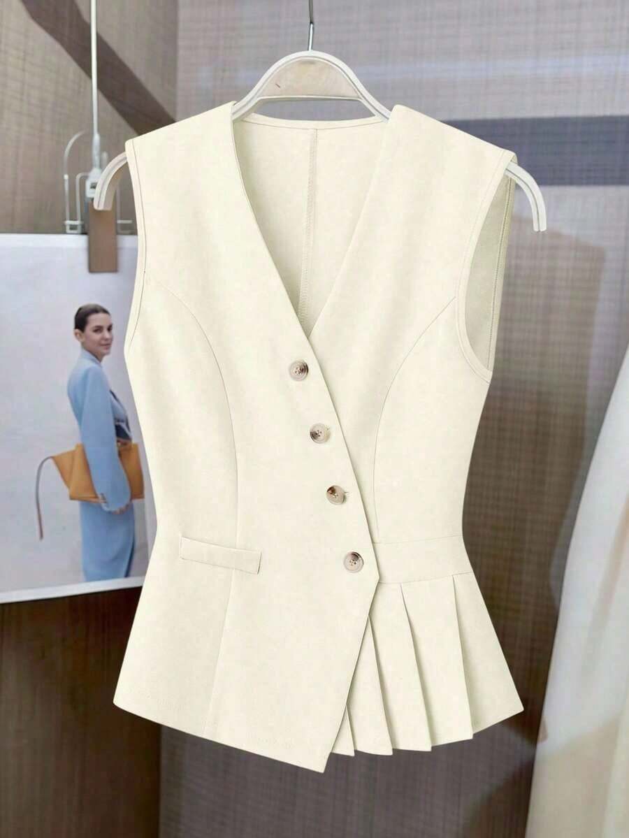 Chaleco elegante y romántico de mujer con unicolor, plisado, asimétrico, con botones y cuello en V, adecuado para ir al trabajo y el Día de San Valentín - Caqui - Ver 1