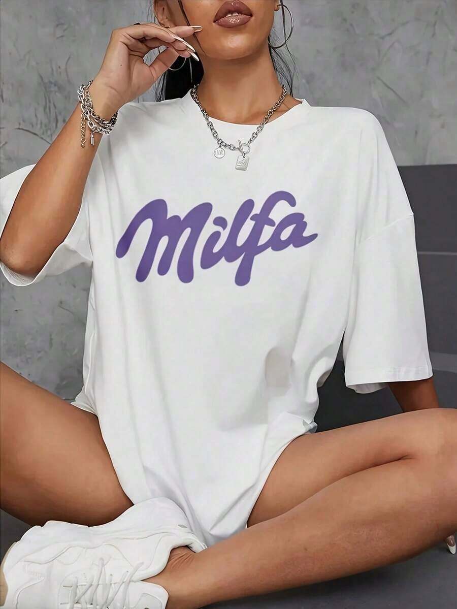 Camiseta de punto casual para mujer, de manga corta, hombros caídos, cuello redondo y longitud regular. - Blanco - Ver 1