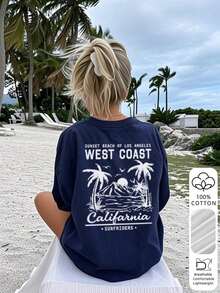 Women's Loose-Fitting Top, Ideal For Vacations, Made From 100% Vintage Cotton, Printed With A Pink "West Coast California" Style Palm Tree And Beach Design. Breathable And Cool, Casual And Relaxed, American Retro Punk Short-Sleeve T-Shirt Style. Suitable For The Beach, Music Festivals, And Summer American Street Style. - 海軍藍 - 查看 5