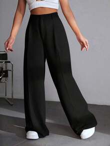Pantalones casuales y versátiles de cintura alta con pierna ancha de unicolor - Negro 3 - Ver 4
