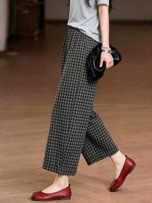 Women's Casual Fashion Plaid Wide Leg Cropped Pants, With Vintage Pockets, Suitable For Daily Spring And Autumn Wear - Grey - View 5