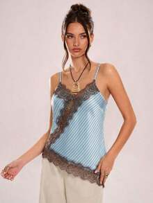 Camiseta de tirantes asimétrica con entramado de encaje transparente - Multicolor 3 - Ver 4