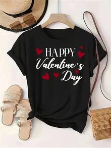 Plus Size - Plus Size - Plus Size Valentine's Day Design T-Shirt | Casual Black Short Sleeve Crew Neck T-Shirt With White Happy Valentine's Day Words And Red Love Design, High Elasticity, Machine Washable, Suitable For All Seasons - 黑色 - 查看 1
