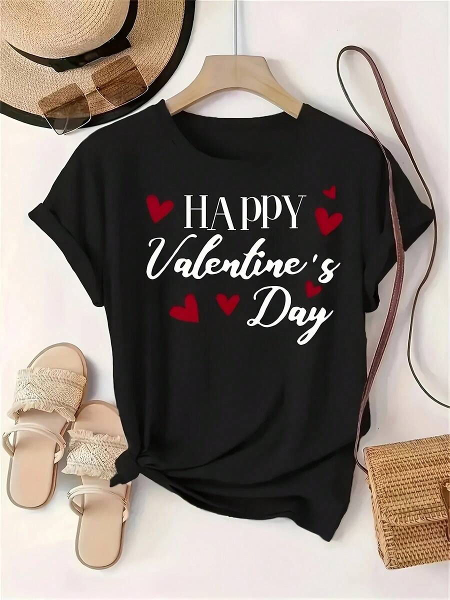 Plus Size - Plus Size - Plus Size Valentine's Day Design T-Shirt | Casual Black Short Sleeve Crew Neck T-Shirt With White Happy Valentine's Day Words And Red Love Design, High Elasticity, Machine Washable, Suitable For All Seasons - 黑色 - 查看 1