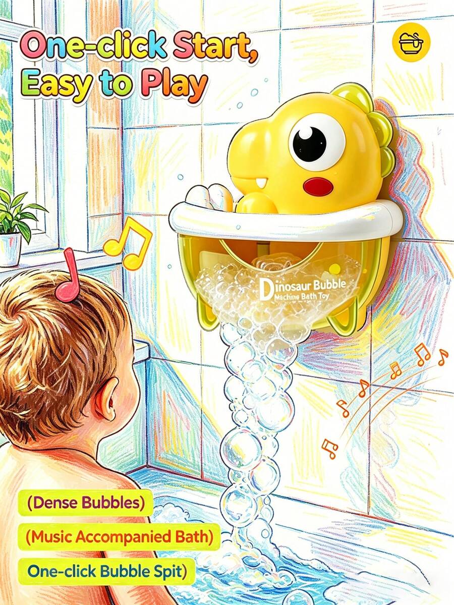 1pc Dinosaur Bubble Machine Bath Toy, Automatic Foaming With Music, Strong Suction Cup Wall-Mounted, Suitable For Toddlers 18 Months And Above Interactive Bathtub Toy