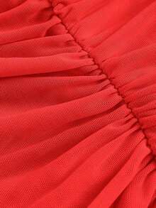 Top de hombros descubiertos fruncido de malla - Rojo - Ver 3