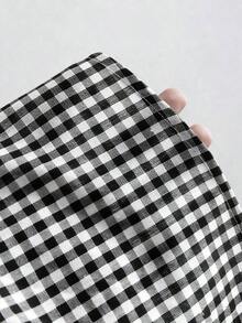 Vestido casual de mujer con cuello de barco, sin mangas, con estampado de cuadros, espalda descubierta, contraste de color, lazo en la cintura y silueta evasé, para primavera/verano - Blanco y Negro - Ver 4