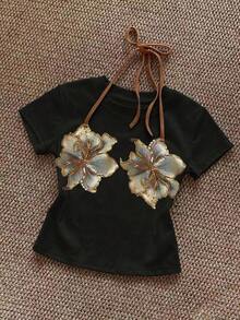 Camiseta de manga corta de cuello redondo ajustada con estampado de leopardo - Negro 3 - Ver 5