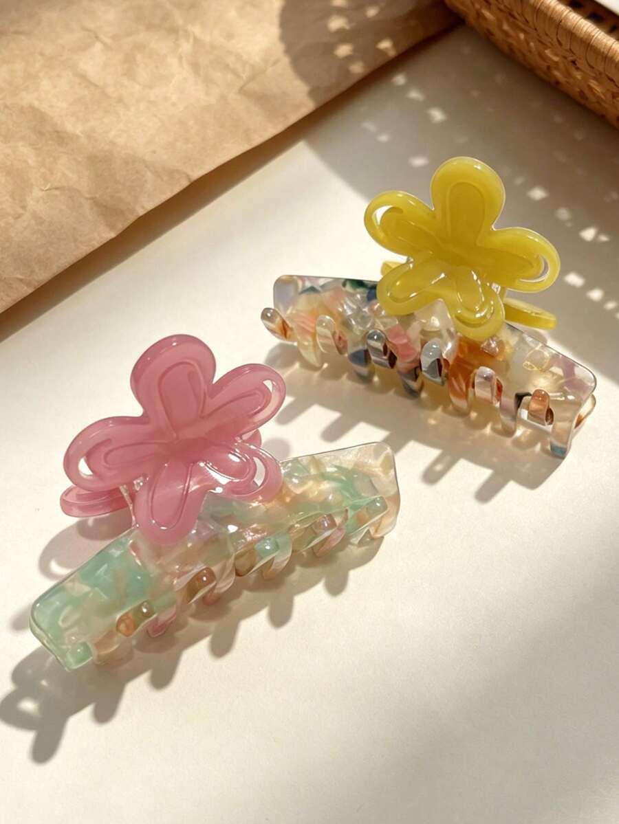 1个可爱女孩醋酸纤维彩色小发爪夹,丸子头半夹,优雅花朵发爪,度假风新娘发饰 - 彩色 - 查看 1