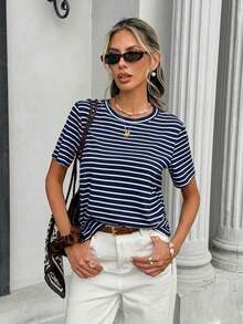 Frenchy Camiseta de mujer de manga corta, cuello redondo, ajustada y minimalista, adecuada para primavera/verano, con estampado de rayas rosa y marrón - Azul y blanco - Ver 4