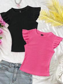 Set de 2 tops de camiseta de cuello redondo ajustados de tela acanalada en negro y rojo rosa, apropiados para verano con mangas con volantes, adecuados para salir - Multicolor 8 - Ver 12