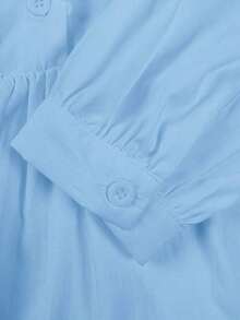 ii Blusa de manga larga con volantes, parches de encaje y unicolor casual blanca para primavera - Azul - Ver 8