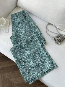 Pantalones anchos de pierna negros con diseño de estampado de leopardo retro elegante, pantalones rectos con cintura elástica con cordón, uso casual, vuelta al colegio - verde menta - Ver 2