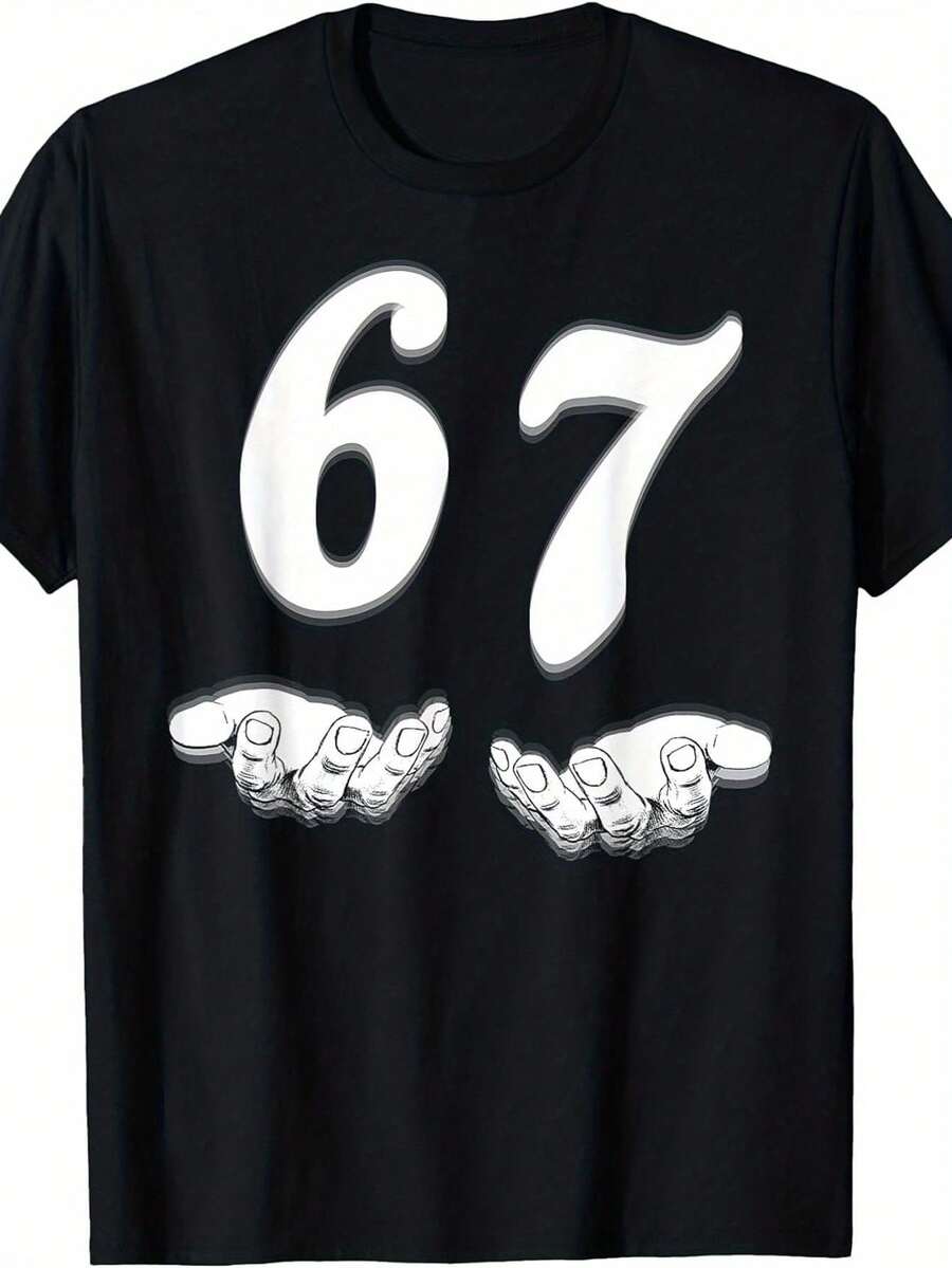 Camiseta divertida de 67 bromas - Diseño numérico de broma 67, con estampado de calentamiento 6 y 7, 1 camiseta de cuello redondo, idea de regalo casual para cumpleaños, fiestas y atuendos casuales - Negro - Ver 1