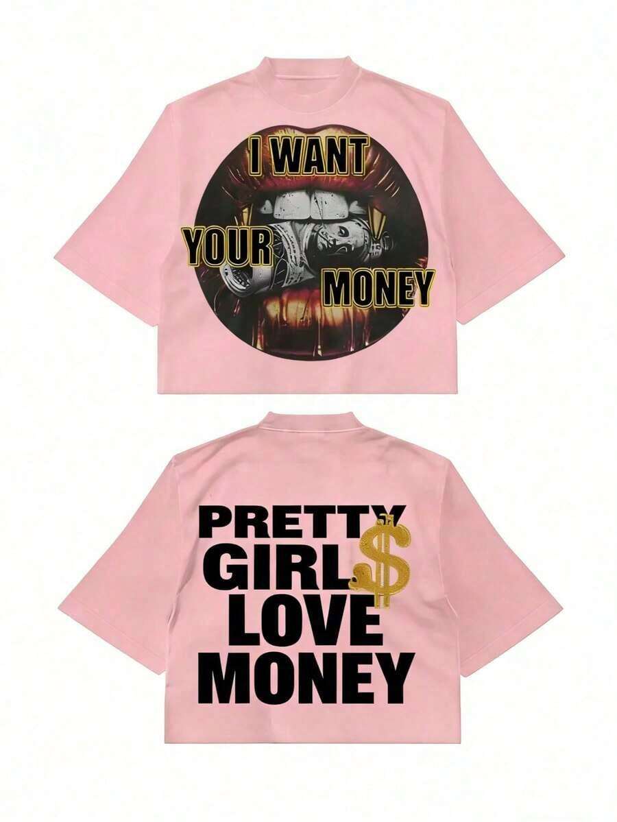 Fly "I Want Your Money" Hip-Hop Style T-Shirt, 100% Cotton, Double-Sided Print, Suitable For Men And Women, The Best Gift For Summer, Casual Short Sleeve T-Shirt - Premium Cotton T-Shirts With Graphic Print And Round Neck - Unisex Loose Fit T-Shirt, Comfortable, Urban Vintage Style. - 粉色 - 查看 1
