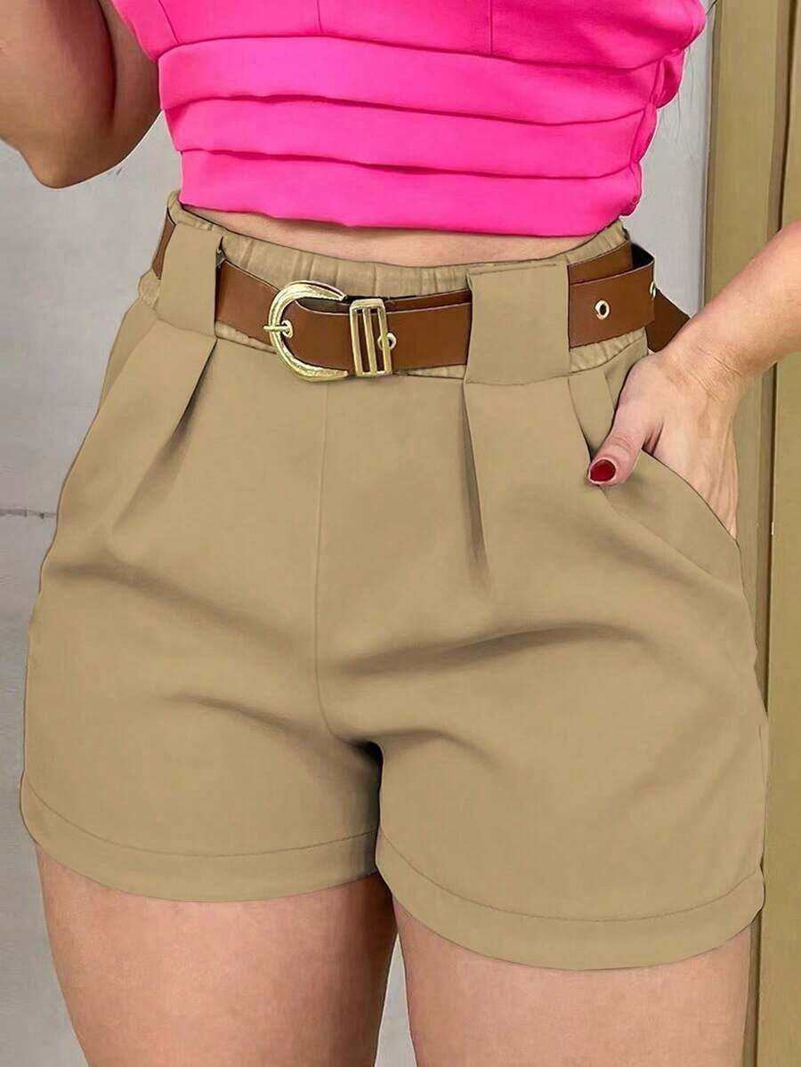 Pantalones cortos casuales de unicolor para mujer talla grande, versátiles para el verano - Caqui - Ver 1