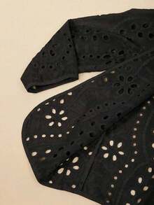 Chaqueta ligera con bordado de ojales para mujer de estilo casual, atuendos de resort de verano para mujer, ropa de verano para vacaciones, blusas para salir, blusas bohemias de negocios casuales para otoño/invierno - Negro - Ver 6