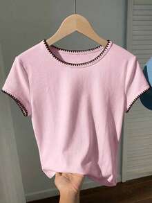 2026 Nueva Moda Camiseta Casual Versátil de Mujer con Cuello Redondo y Mangas Cortas, Contraste de Ribete, Top de Verano, Ropa de Primavera para Exteriores, Top Beige Casual Y2K - Rosa - Ver 6