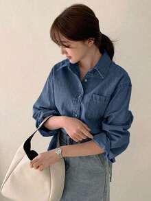 Camisa vaquera de lavado claro con cuello, bolsillos, ajuste holgado de manga larga, para primavera/verano/otoño - Azul lavado medio - Ver 5