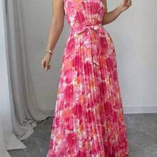 Plus Size Women's Spring/Summer New Romantic Vacation Style Fuchsia Halter Maxi Dress, Ombre Floral Pleated Slimming Long Dress. Suitable For Island Vacation, Beach Party, Holiday, Travel Photography, Urban Outing, Romantic Vacation Fashion - Multicolor - Ver 5