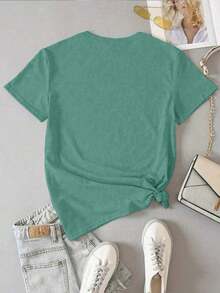 Women's Short Sleeve T-Shirt With Round Neck And Beach Sun Embroidery - 青碧色 - 查看 2