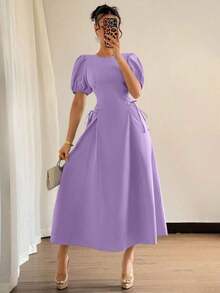 Vestido elegante y romántico para vacaciones de boda de verano 2025 en azul francés regular, con hombros sueltos, mangas abullonadas, cintura drapeada y lazo lateral ajustado - Púrpura malva - Ver 6