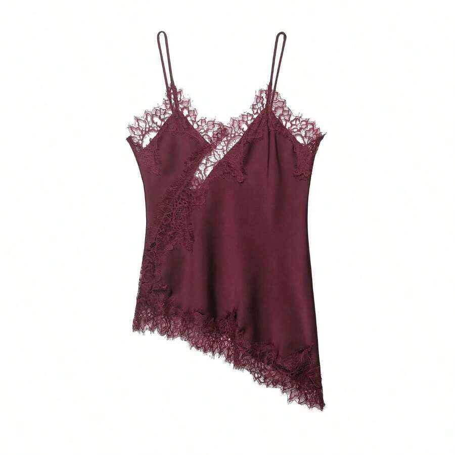 Nuevo Top de estilo lencería con decoración de encaje de moda europea para mujer, estilo veraniego - Carmesí - Ver 1