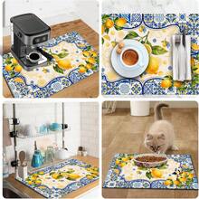 1pc Dish Drying Mat, Coffee Machine Mat, Blue & White Floral Border With Yellow Lemon Fruit Pattern Absorbent Draining Mat, Suitable For Dining Table, Cafe, Multi-Purpose Drainage Pad, Home Gift, Tabletop Decor - XYLSD-352 - View 11