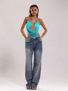 Top sin espalda con halter bordado de encaje y cuentas, apropiado para vacaciones en la playa - verde menta - Ver 3