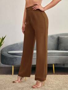 Pantalones rectos casuales lisos para mujer, para uso diario en otoño/invierno - Marrón 2 - Ver 4