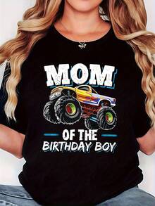 Women's Fun Monster Truck Print T-Shirt For Birthdays - Crew Neck With Eye-Catching Lettering, Casual Top, Creative Gift Idea For Mom's Birthday Party, A Very Distinctive Printed T-Shirt / Unisex Style / Suitable For Both Men And Women / Wrinkle-Resistant / Breathable - 黑色 - 查看 1