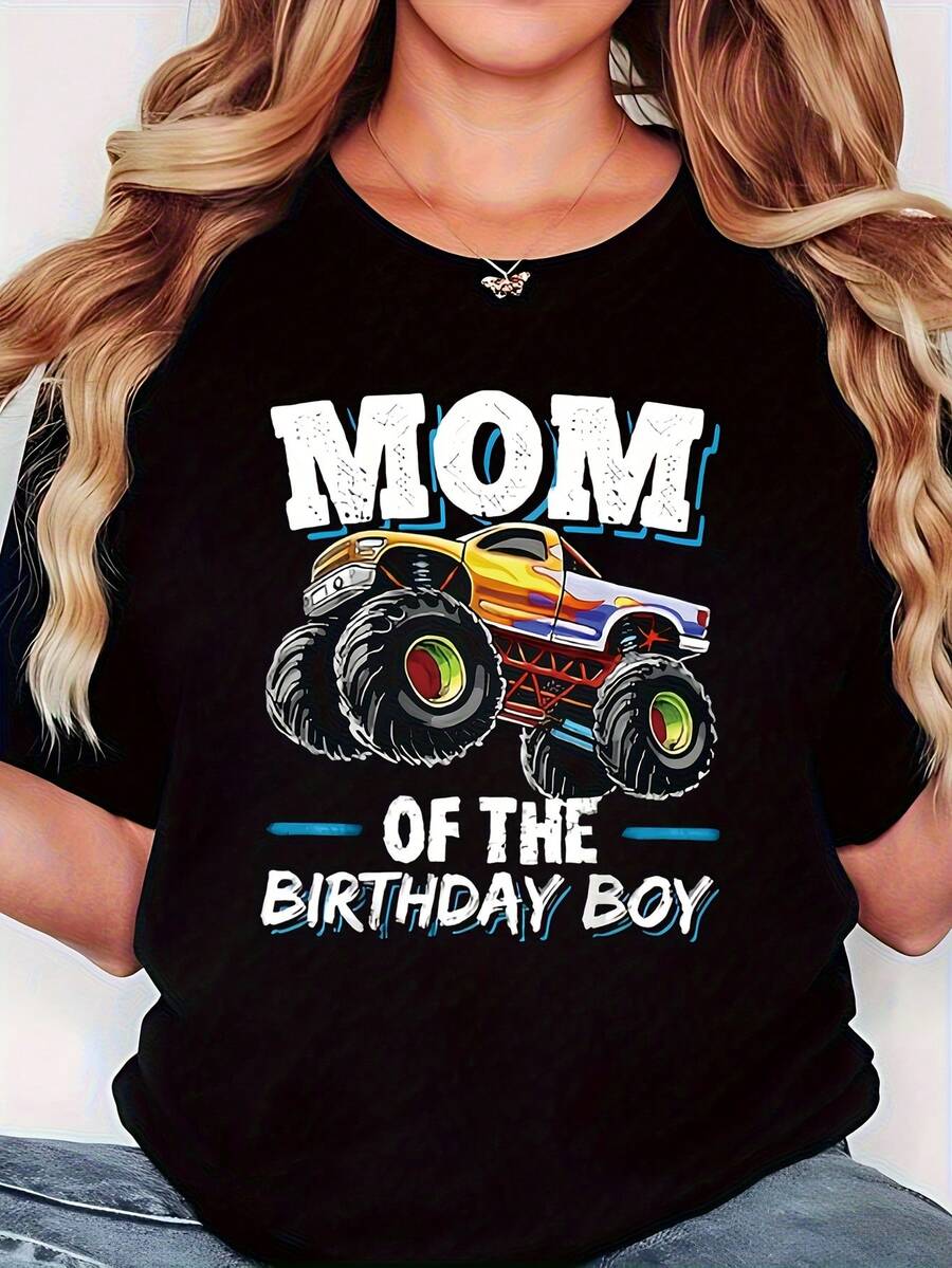 Women's Fun Monster Truck Print T-Shirt For Birthdays - Crew Neck With Eye-Catching Lettering, Casual Top, Creative Gift Idea For Mom's Birthday Party, A Very Distinctive Printed T-Shirt / Unisex Style / Suitable For Both Men And Women / Wrinkle-Resistant / Breathable - 黑色 - 查看 1