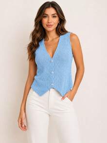 Women's Knitted Vest With Button Overlay, Simple Knit Fabric, Buttons At The Front - 淺藍色 - 查看 1