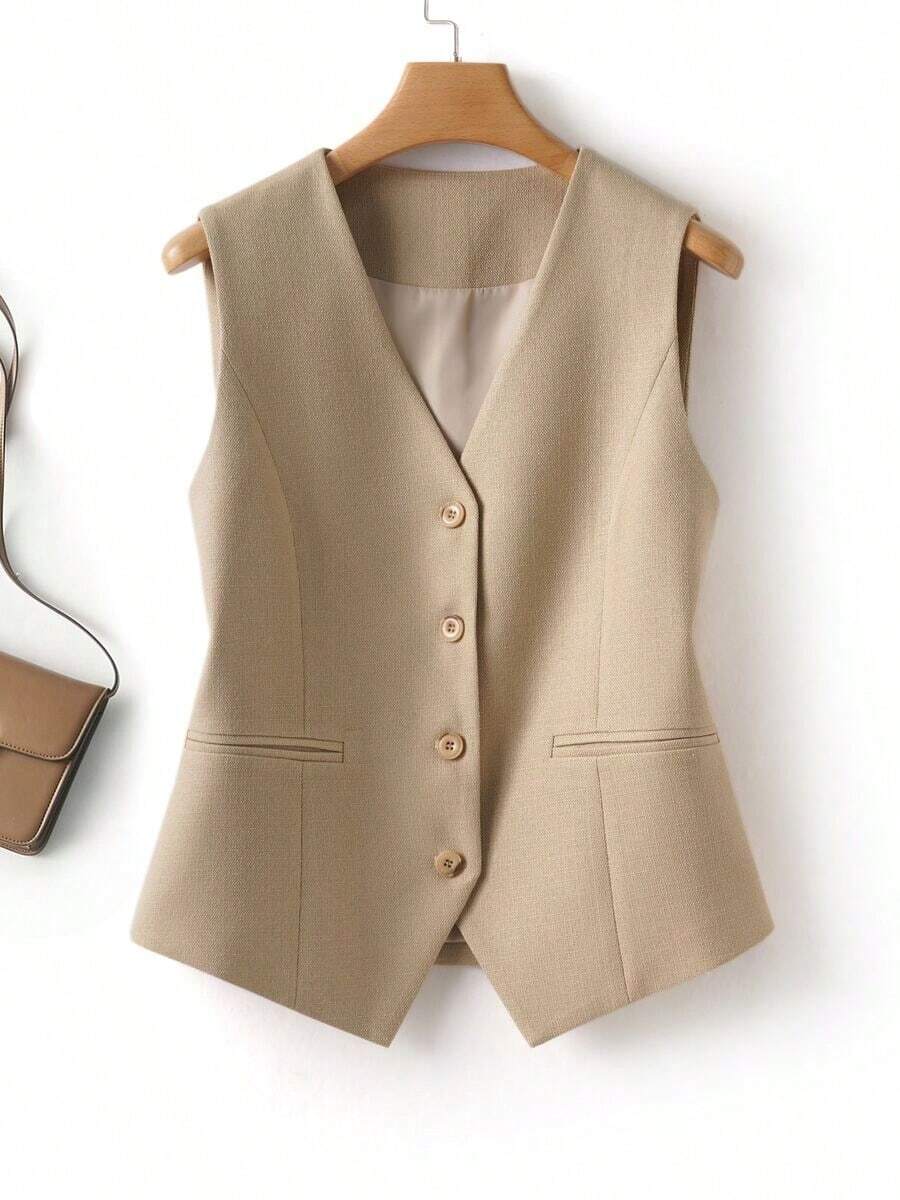 Chaleco sin mangas liso para mujer, chaqueta de cuello en V, primavera/otoño, de moda para ir al trabajo, prenda de verano - Caqui - Ver 1