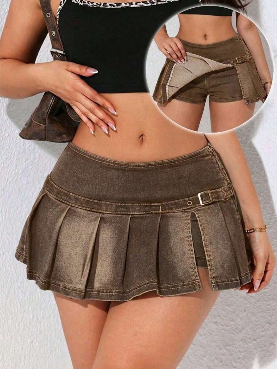 Falda mini de línea A de denim con detalles lavados y plisados de moda para mujer en verano - Café integral - Ver 1