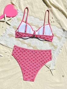 Swim Mod Bikini de 2 piezas con parte superior con aros y tirantes ajustables, y Bottom de tiro alto, con estampado floral ditsy en color fucsia, para vacaciones, Primavera/Verano 2026 - Rosa Fucsia - Ver 4