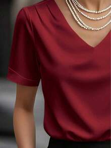 1 pieza Blusa de mujer de unicolor de satén con cuello en V y manga corta, elegante y de moda para uso diario, oficina, hogar, citas, primavera y verano casual - Burdeos - Ver 2