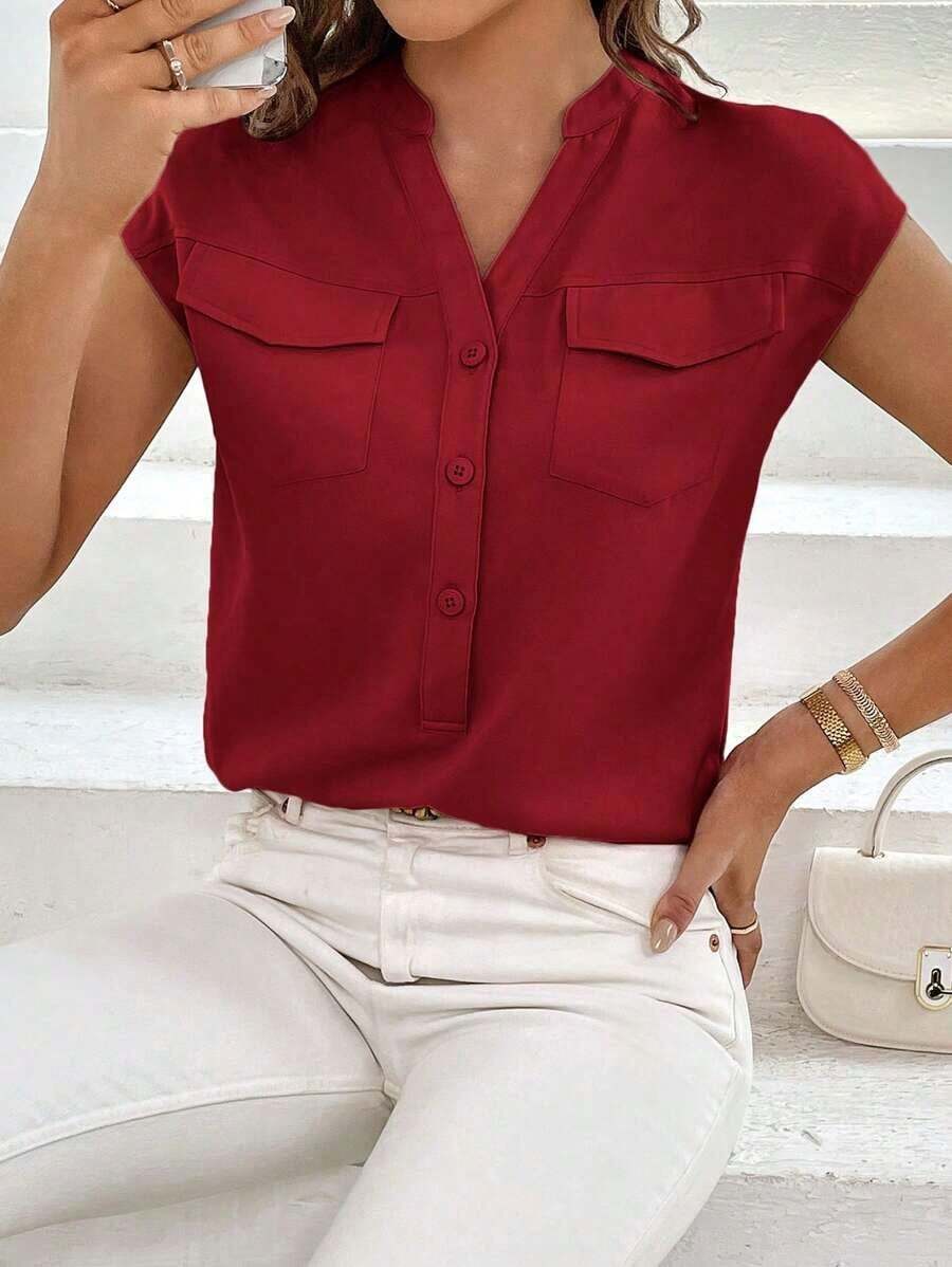 Camisa casual de mujer de unicolor con cuello en V, abotonadura sencilla y bolsillo - Burdeos 2 - Ver 1