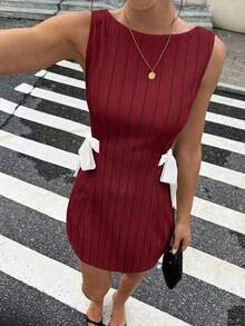 Vestido coreano de mujer con estampado de lunares, lazo y tirantes versátil y de moda - Burdeos - Ver 3