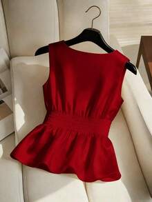 Blusa ajustada sin mangas con cuello y detalles de perlas falsas para mujer - Rojo - Ver 2