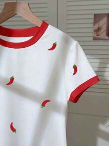 Camiseta casual de mujer con bloque de color y bordado de limón en cuello redondo - Blanco 9 - Ver 4
