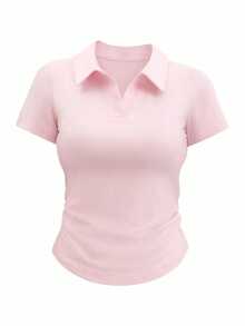 Camiseta de manga corta minimalista de unicolor para mujer, uso casual de todos los días - Rosa Pálido 2 - Ver 7